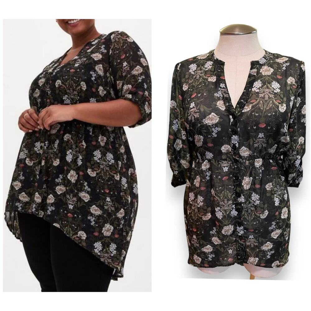 Torrid‎ 3 (3X 22/24) Outlander Floral Lexie Hi Lo Hem Chiffon Babydoll Tunic Top